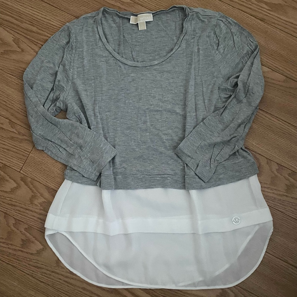 Michael Kors Gray and White Layered Long Sleeve Top